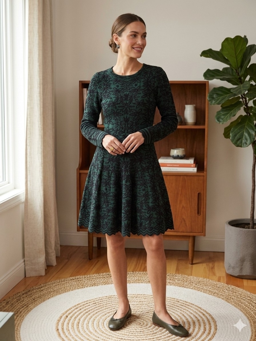 John + Jenn Green Floral Knit Long-Sleeve Fit & Flare Dress Modest Whimsigoth L